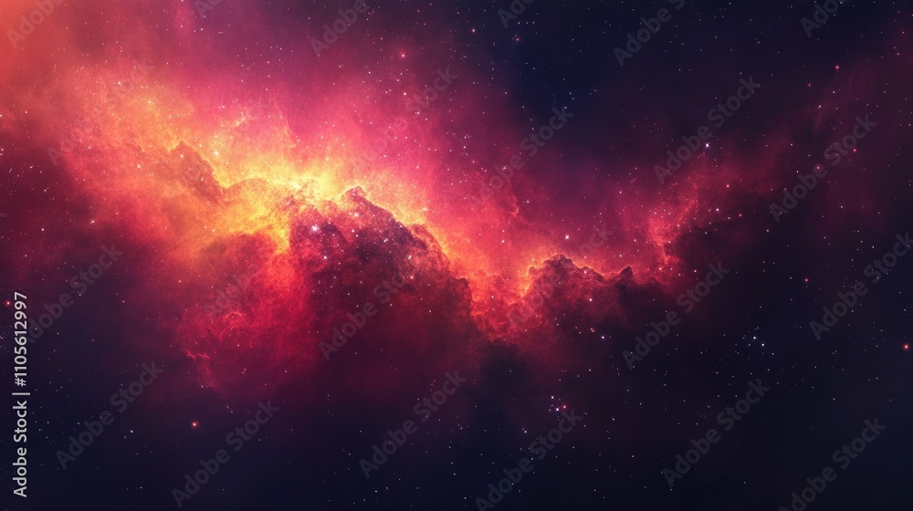 Naklejka premium Bright nebula illuminated in red, pink and orange, surrounded by twinkling stars Space view background wallpaper AI generated image