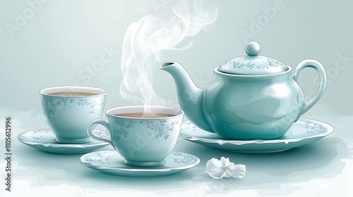 A clip art of a steaming teapot pouring tea into a cup on a white background