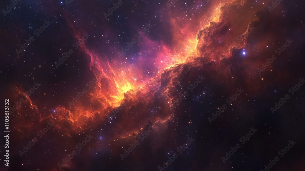 Fototapeta premium Bright nebula illuminated in red, pink and orange, surrounded by twinkling stars Space view background wallpaper AI generated image