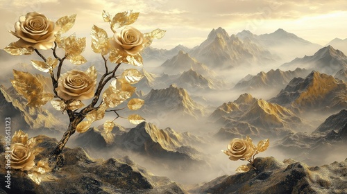 Golden roses grow on tree branches against majestic mountain landscapes. AI generated image. Luxury floral theme. Nature background. Wallpaper design. Decorative image. Elegant aesthetic.