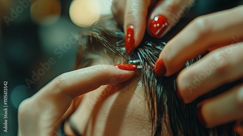 Close up of hands trimming dark hair photo