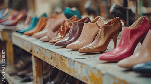 The concept of production of women's shoes in a modern factory. A range of stylish women's high heels, presented in a variety of models and colors, exudes glamor and sophistication.