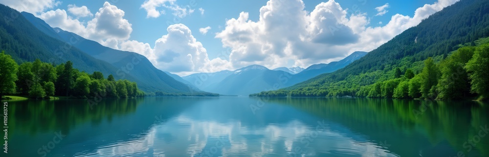 Serene mountain lake landscape view. Reflecting clouds, sky on tranquil water. Green forest flanks shore. Picturesque alpine scenery. Ideal for travel eco-tourism background. Inspiring views of Serene mountain lake landscape view. Reflecting clouds, sky on tranquil water. Green forest flanks shore. Picturesque alpine scenery. Ideal for travel eco-tourism background. Inspiring views of