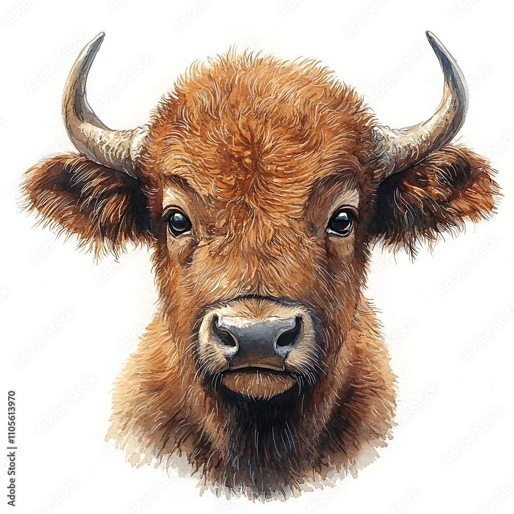 Watercolor painting of a Highland Cow's head, showcasing its detailed fur and horns. Watercolor painting of a Highland Cow's head, showcasing its detailed fur and horns.