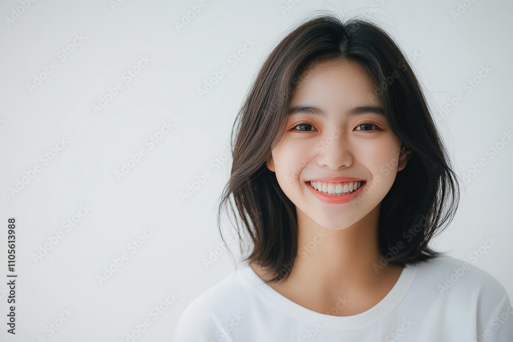 Young Asian woman smiles happily in studio portrait. Cheerful, pleasant expression. Smiling face with white teeth. Simple plain white background. Suitable for beauty products, fashion ads, social Young Asian woman smiles happily in studio portrait. Cheerful, pleasant expression. Smiling face with white teeth. Simple plain white background. Suitable for beauty products, fashion ads, social
