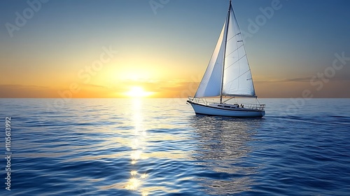A clip art of a wooden sailboat floating on calm waves on a white background