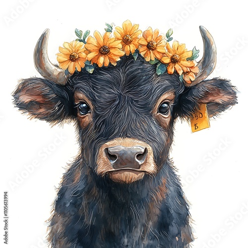 Fototapeta Naklejka Na Ścianę i Meble -  Watercolor Painting of a Highland Calf Wearing a Sunflower Crown.