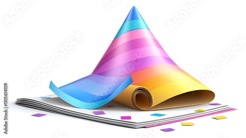A colorful clip art of a party hat with confetti and streamers on a white background