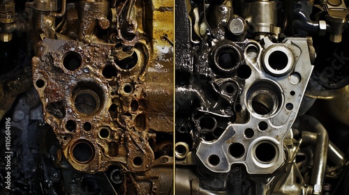 Detailed Comparison of Split Engine Block Showing Before and After Cleaning
