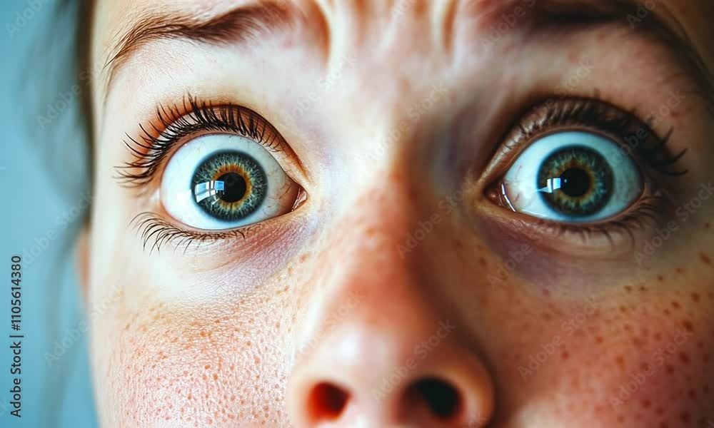 Close up of surprised wide eyed person expressing shock and amazement : Generative AI Close up of surprised wide eyed person expressing shock and amazement : Generative AI