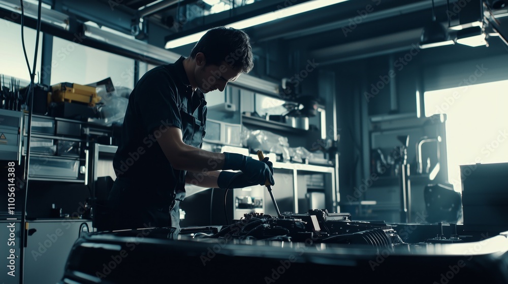Modern Mechanic Working in a Clean Automotive Workshop Environment Modern Mechanic Working in a Clean Automotive Workshop Environment