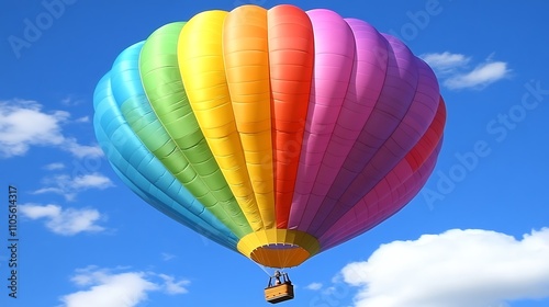 A detailed clip art of a colorful hot air balloon floating in the sky on a white background