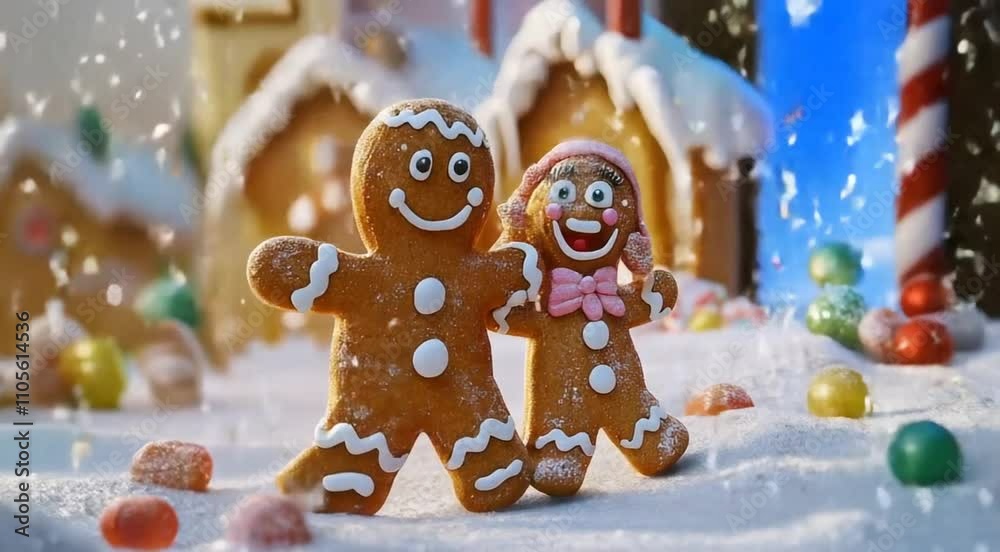 A gingerbread family with white icing in a beautifully decorated gingerbread house. A gingerbread family with white icing in a beautifully decorated gingerbread house.