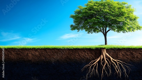 A detailed clip art of a green tree with a full canopy and roots visible on a white background