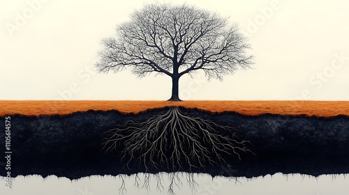 A detailed clip art of a green tree with a full canopy and roots visible on a white background