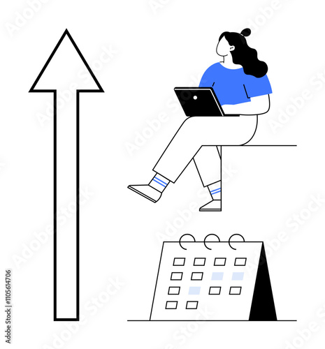 Woman holding laptop sitting next to a calendar symbolizing time management and productivity, with a large upward arrow indicating growth and progress. Ideal for business strategy, planning