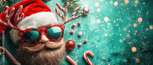 Santa hat and reindeer sunglasses with candy canes on a green background copy space playful holiday theme whimsical composite family gathering backdrop photo