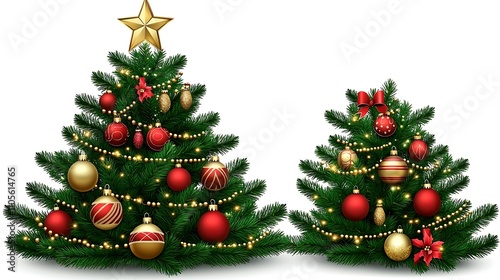 A festive clip art of a green Christmas tree with ornaments and a gold star on top on a white background