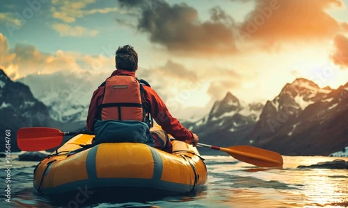 Adventurous Kayaker in Vibrant Orange Jacket Paddling through Mountain Lake at Sunset : Generative AI