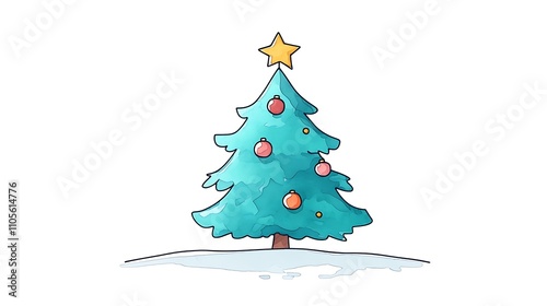 A festive clip art of a green Christmas tree with ornaments and a gold star on top on a white background
