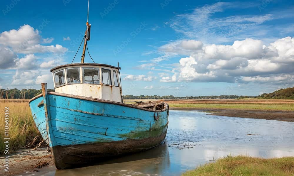 Rustic Abandoned Blue Fishing Boat in Tranquil Marshland with Scenic Skies : Generative AI
