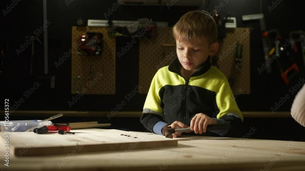Clever kid hammering nails into wood with a hammer Clever kid hammering nails into wood with a hammer