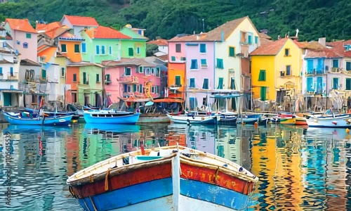 Colorful Fishing Boat Reflections in Vibrant Coastal Italian Village : Generative AI