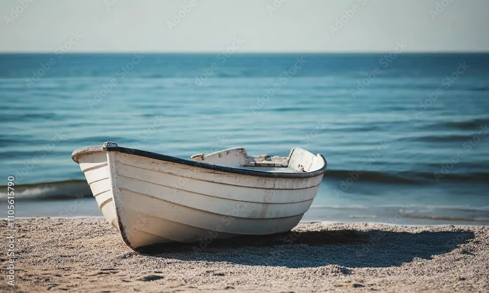Serene Seascape with White Rowboat on Sandy Beach under Clear Blue Sky : Generative AI Serene Seascape with White Rowboat on Sandy Beach under Clear Blue Sky : Generative AI