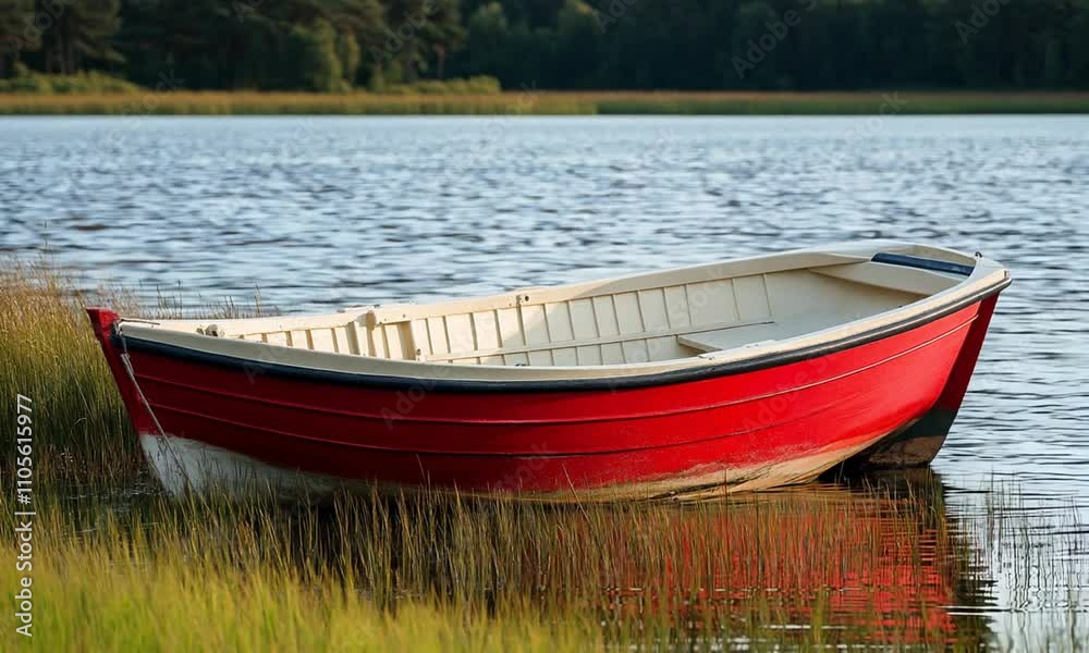 Red Wooden Boat Moored on Greenery Edged Lake in Tranquil Waterscape : Generative AI Red Wooden Boat Moored on Greenery Edged Lake in Tranquil Waterscape : Generative AI