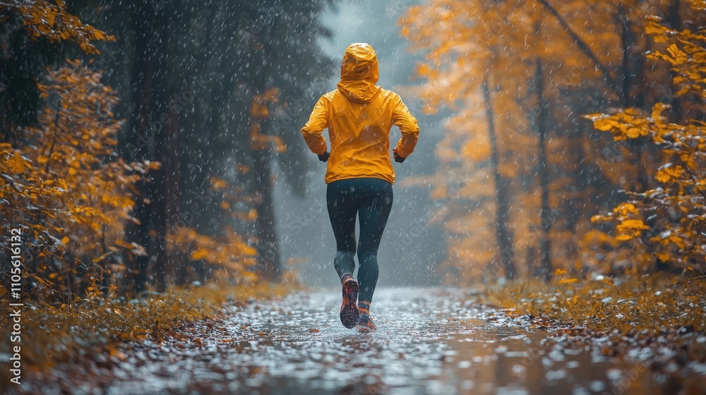 A person in a yellow jacket jogs through a rain-soaked forest path adorned with autumn leaves. The setting evokes tranquility and nature's beauty. A person in a yellow jacket jogs through a rain-soaked forest path adorned with autumn leaves. The setting evokes tranquility and nature's beauty.