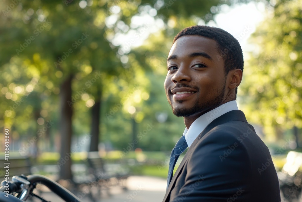 A confident man in a suit is seen cycling through a sunlit park, embodying the perfect blend of professional poise and the joy of a leisurely day outdoors. A confident man in a suit is seen cycling through a sunlit park, embodying the perfect blend of professional poise and the joy of a leisurely day outdoors.