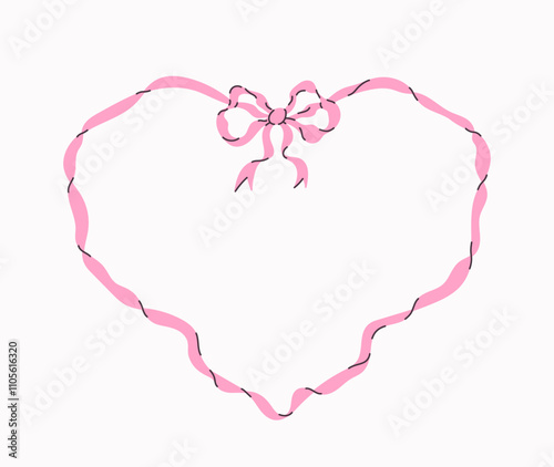 Heart pink frame with bow and ribbons. Coquette hand drawn border in place for your text. Trendy cute frame for wedding invitation, Valentines day greeting card, holiday poster, cover, sale banner. photo