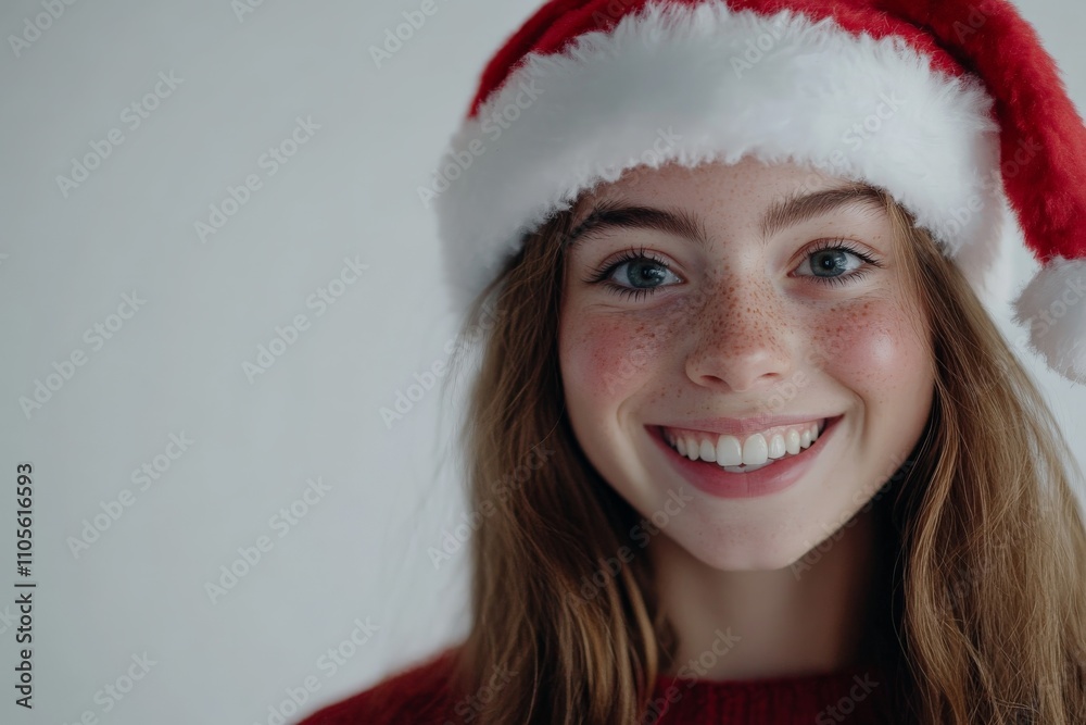 A joyful, freckled girl wearing a Santa hat, radiating happiness and warmth. The plain background highlights her cheerful expression and holiday spirit. A joyful, freckled girl wearing a Santa hat, radiating happiness and warmth. The plain background highlights her cheerful expression and holiday spirit.