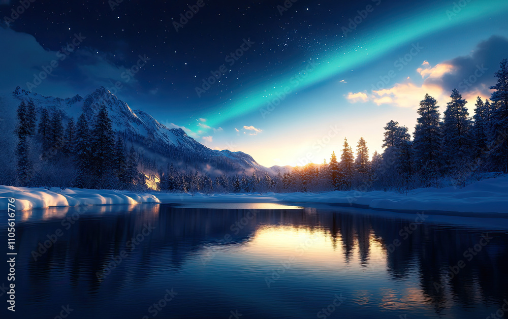 Stunning winter landscape with aurora borealis reflecting on a serene river at dusk.