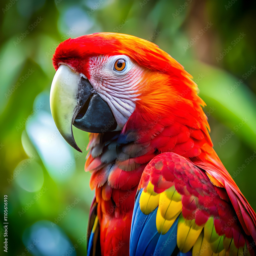 closeup view of a colorful scarlet macaw on blur closeup view of a colorful scarlet macaw on blur