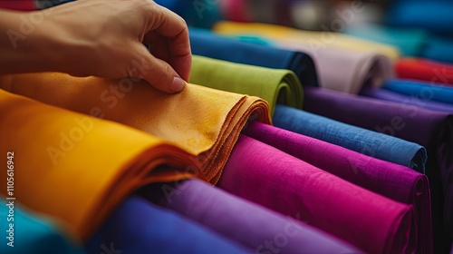 A Hand Selects Colorful Fabric Rolls From A Display photo