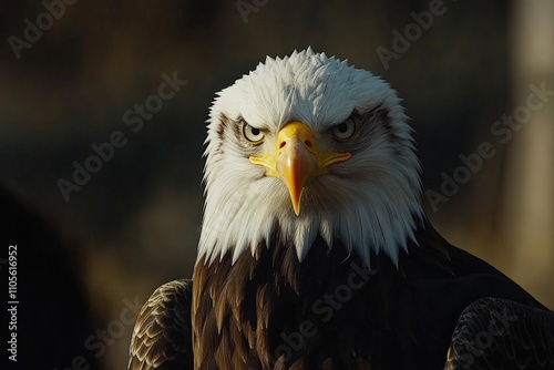 A striking portrait of a bald eagle showcasing its white head and determined eyes, set against a natural background, representing strength and focus in wildlife. photo