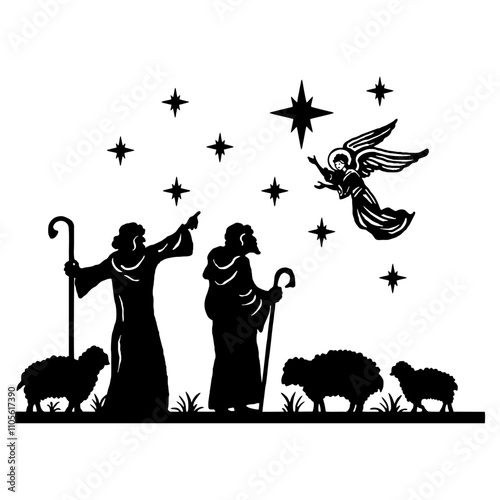 Holy Night silhouette - Nativity scene of baby Jesus silhouette in a manger with Mary and Joseph with the three wise men. Christian Christmas silhouette of animals. Illustration for children.