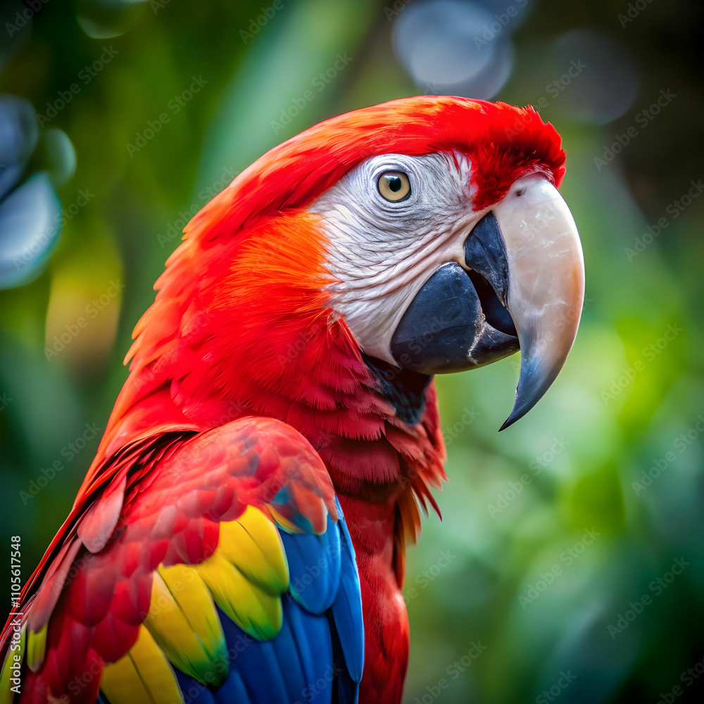 closeup view of a colorful scarlet macaw on blur closeup view of a colorful scarlet macaw on blur
