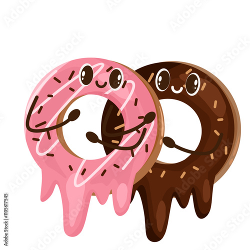 Illustration of cute glaze and sprinkle topping donut mascot with cheerful face design