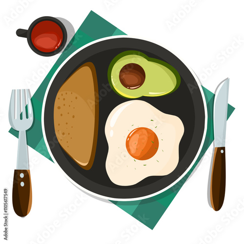 Illustration of a healthy breakfast plate of avocado, bread, and eggs