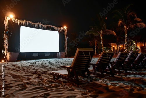 A large white screen for watching movies on a sandy beach late at night. Mock-up. 