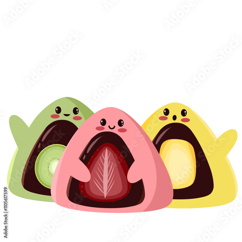 Illustration of an adorable mochi food character mascot with various fruit fillings