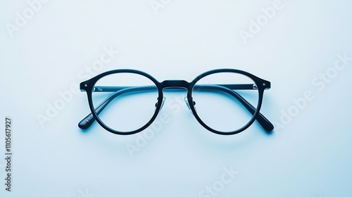 Round black eyeglasses on blue background.