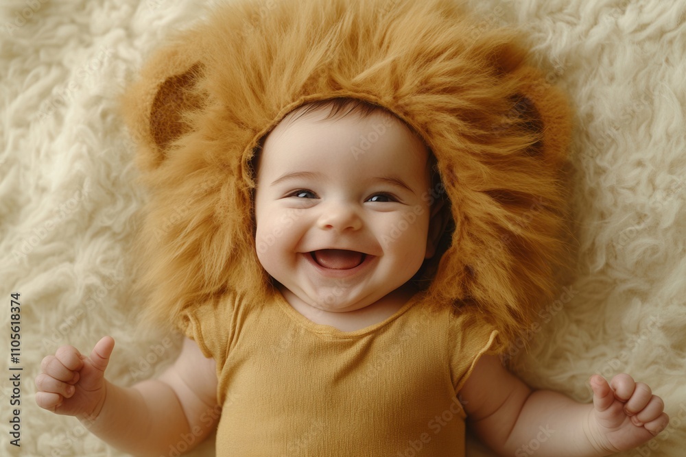 Adorable baby boy wearing lion costume laughing on soft blanket Adorable baby boy wearing lion costume laughing on soft blanket