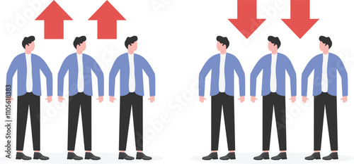 Businessmen prophesying rising stand in line against each other Businessmen prophesying down stand in line,


