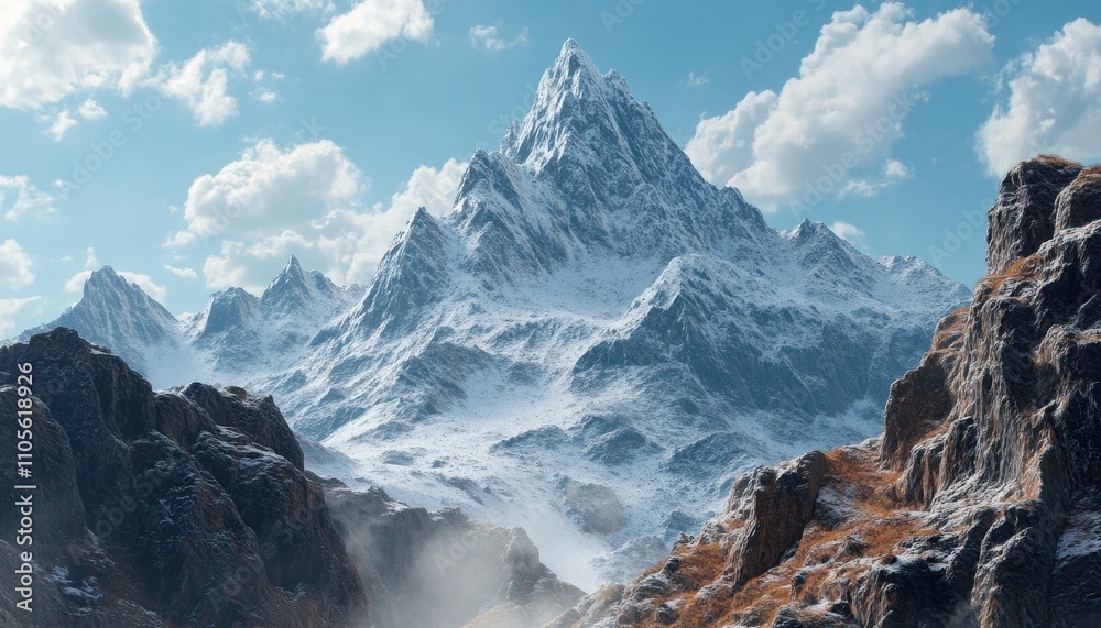 Obraz premium Majestic Snowcapped Mountain Peak Soaring Above Valley