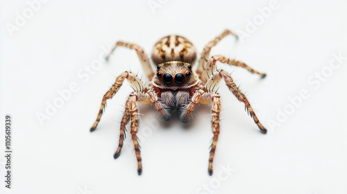 Close-up of a jumping spider on white background.