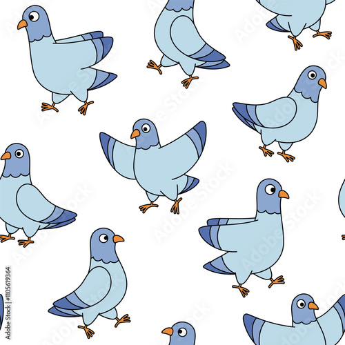 Funny cartoon style pigeons seamless pattern, background. Vector bird characters