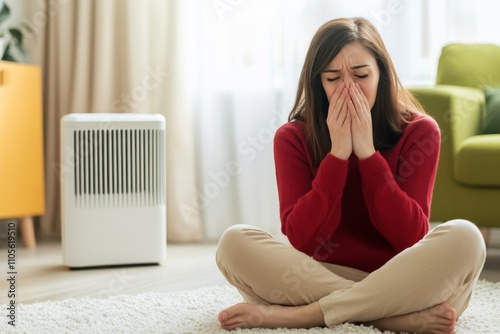 The woman sneezes her face in her hands at home. Sick young woman blowing her nose. Female sneezing sitting on the floor with heater. Allergy, cold or flu. Hay fever, viral infection, health problem photo